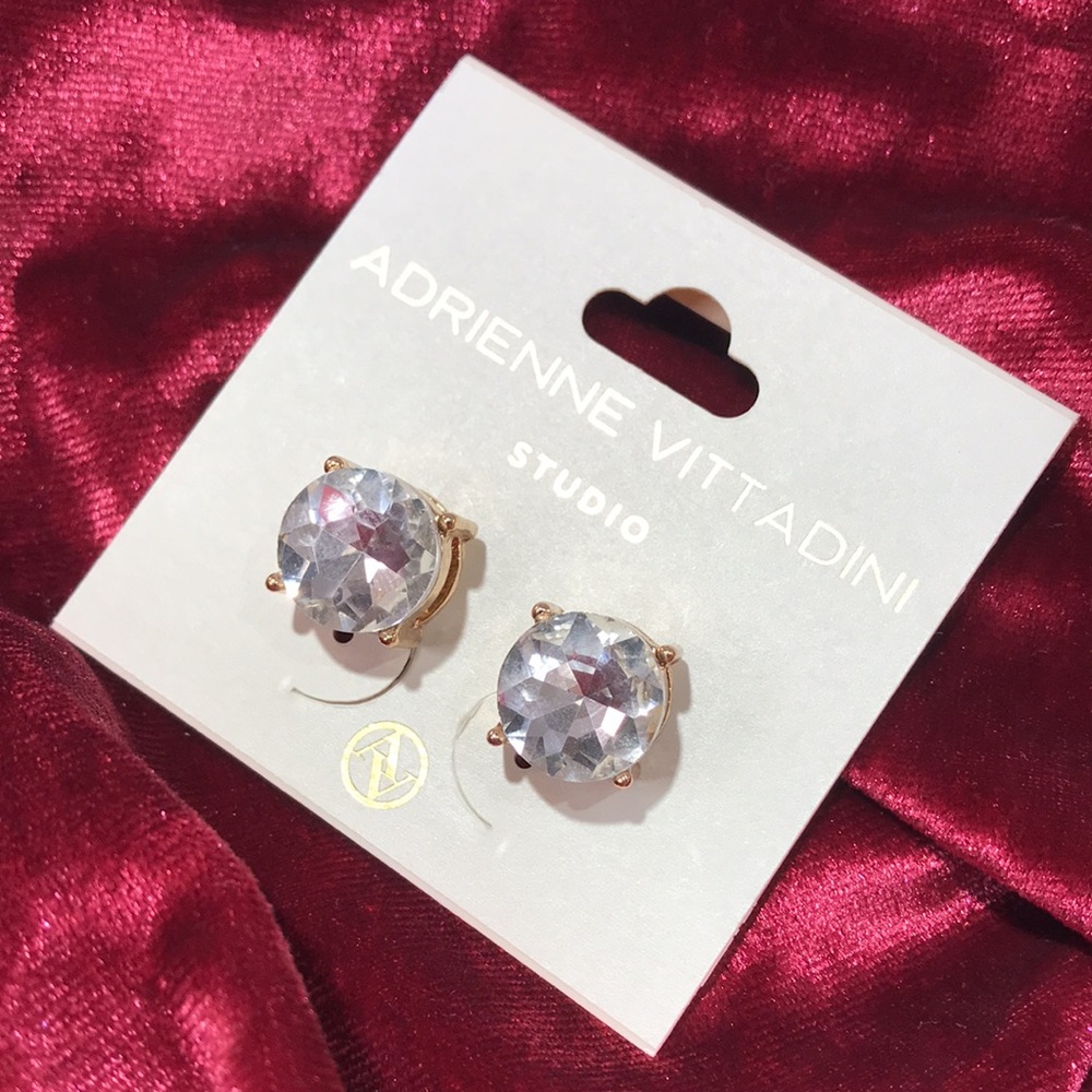 Adrienne Vittadini Statement Piece Clear Faux Crystal Gold Stud Post Earrings